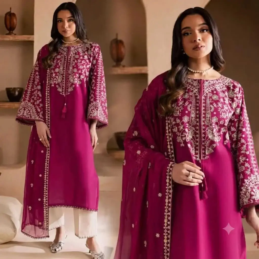 3 Piece Unstitched Heavy Embroidered Lawn Suit with Heavy Embroidered Chiffon Dupatta