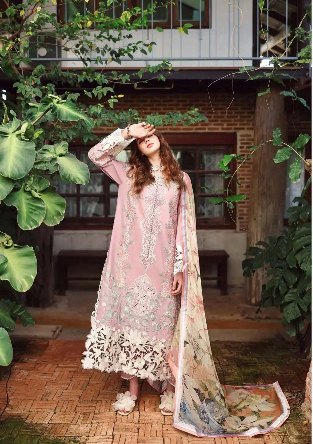 3 Piece Unstitched Heavy Embroidered Chickan Kari Lawn Suit with Fine Printed Silk Dupatta