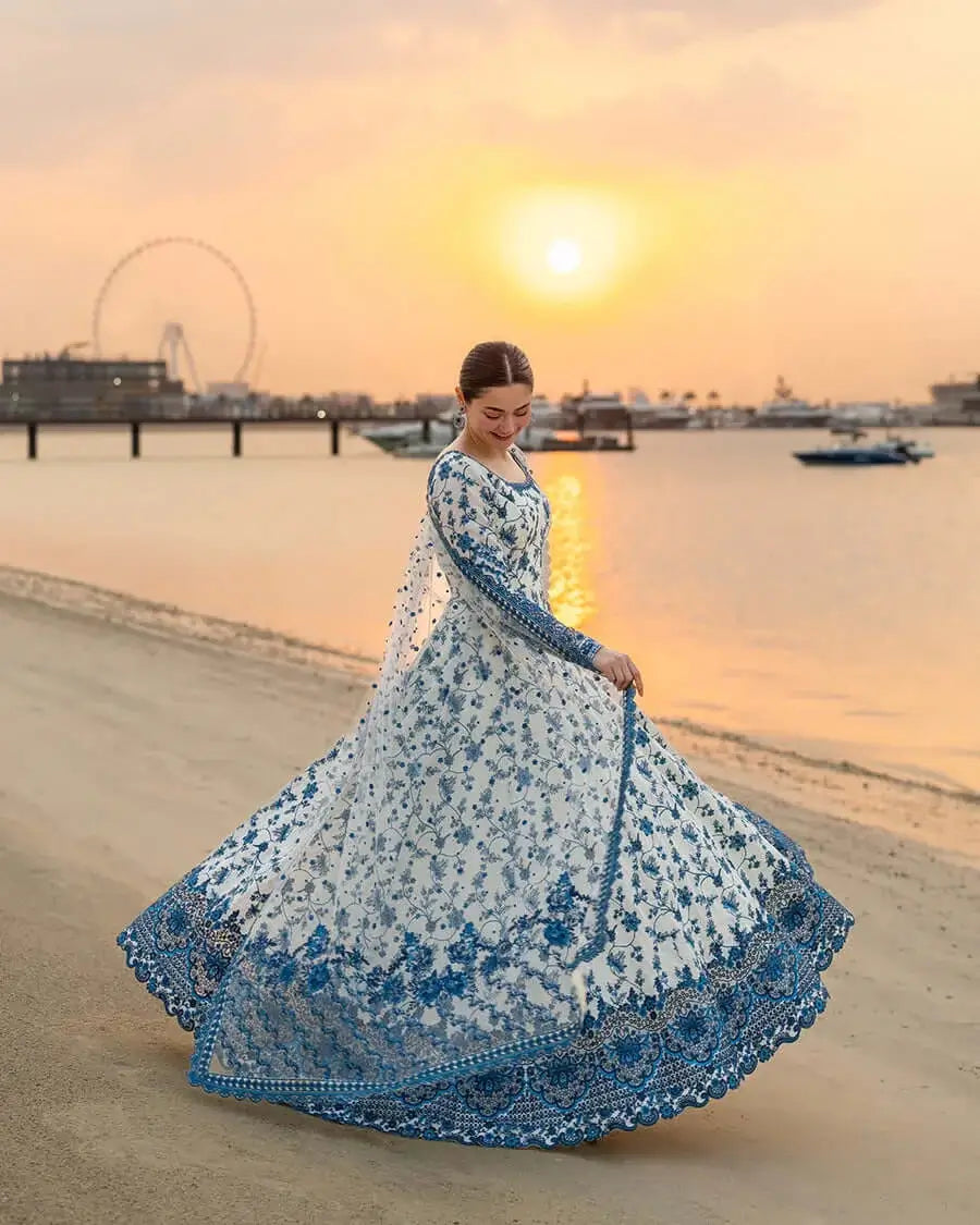 3 Piece Unstitched Heavy Embroidered Lawn Maxi with Four-sided Embroidered Organza Dupatta
