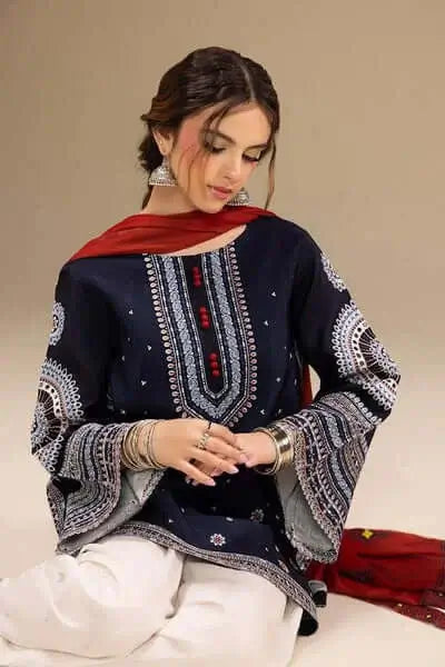 3 Piece Unstitched Heavy Embroidered Lawn Suit with Printed Lawn Dupatta