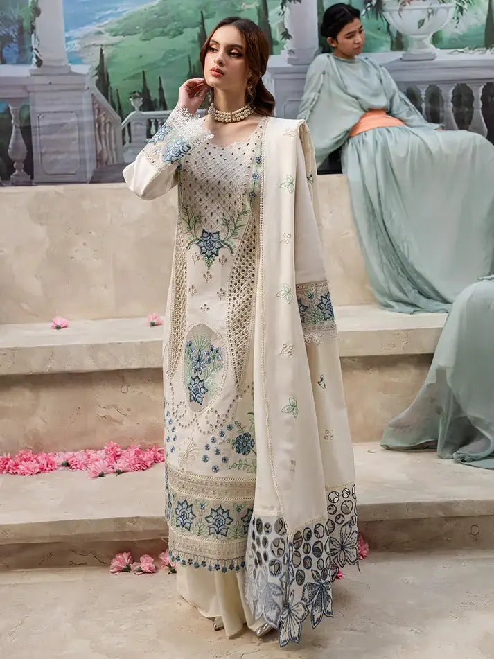 3 Piece Unstitched Heavy Embroidered Chickan Kari Lawn Suit with Four-sided Embroidered Lawn Dupatta