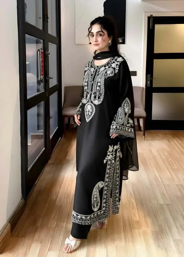 3 Piece Unstitched Heavy Embroidered Lawn Suit with Plain Bamber Chiffon Dupatta