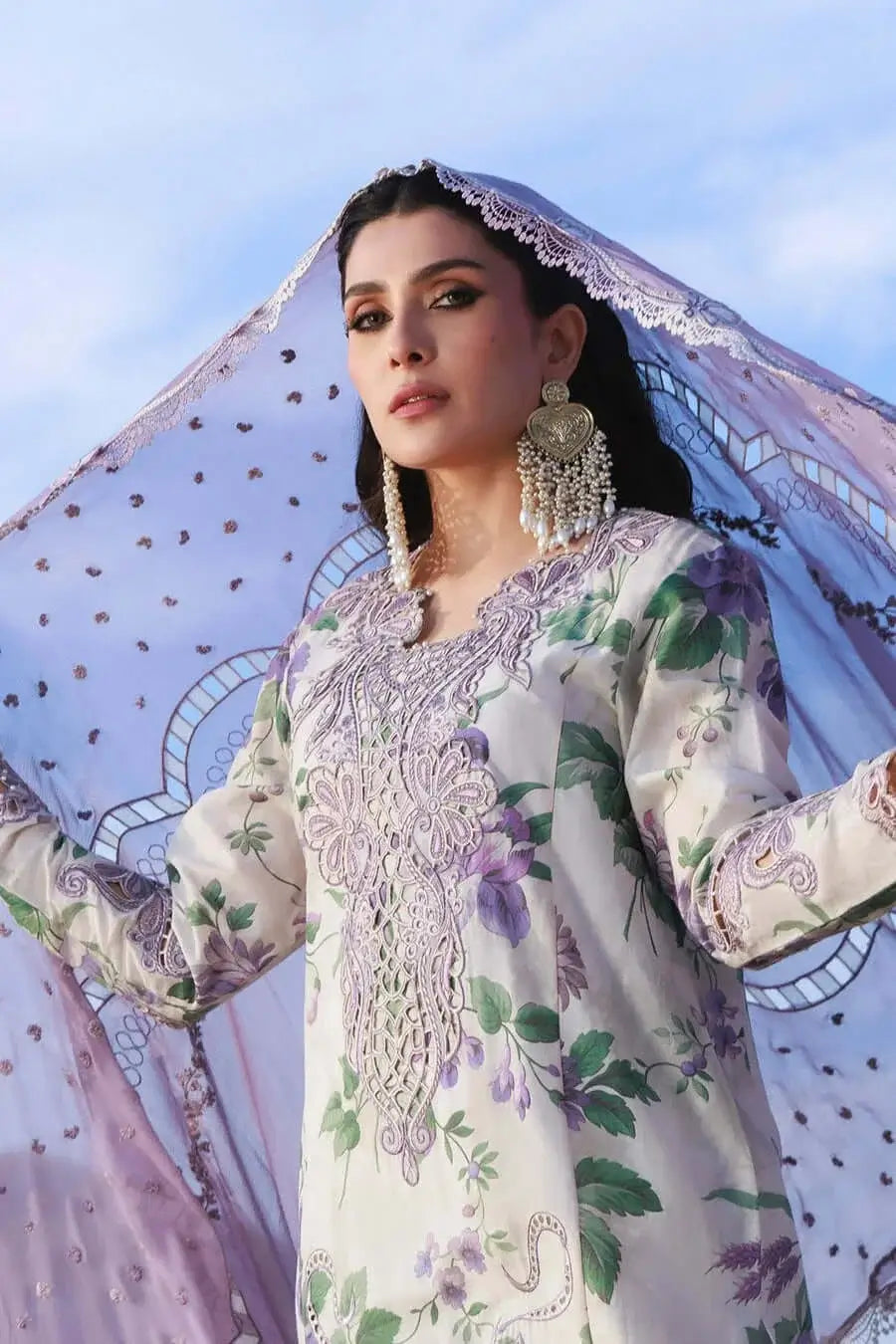 3 Piece Unstitched Heavy Embroidered Lawn Suit with Four-sided Embroidered Cotton Net Dupatta