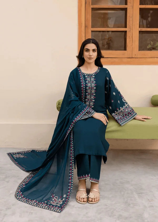 3 Piece Unstitched Heavy Embroidered Lawn Suit with Four-sided Embroidered Chiffon Dupatta