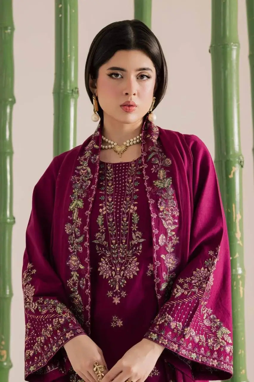 3 Piece Unstitched Heavy Embroidered Lawn Suit with Four-sided Embroidered Chiffon Dupatta