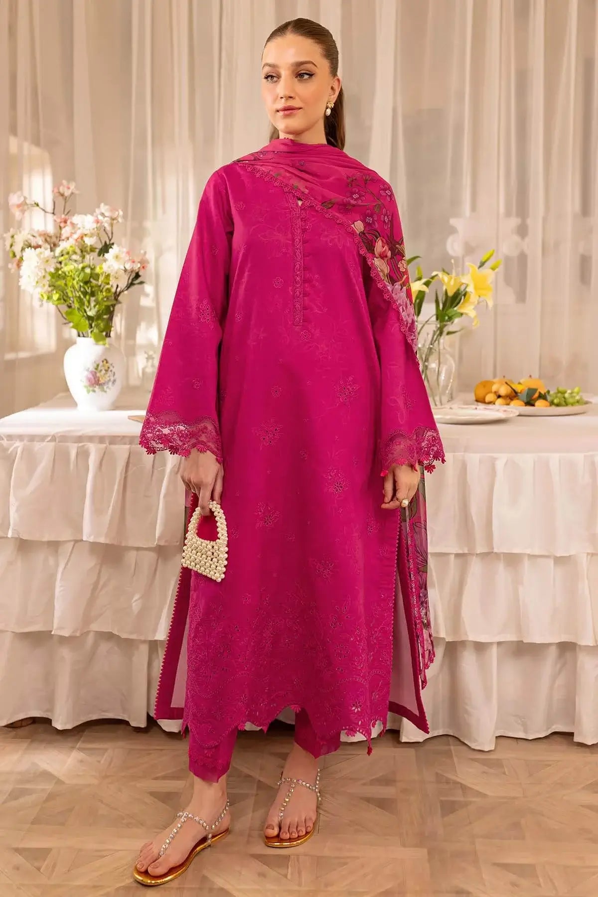 3 Piece Unstitched Heavy Embroidered Chickan Kari Lawn Suit with Fine Printed Silk Dupatta