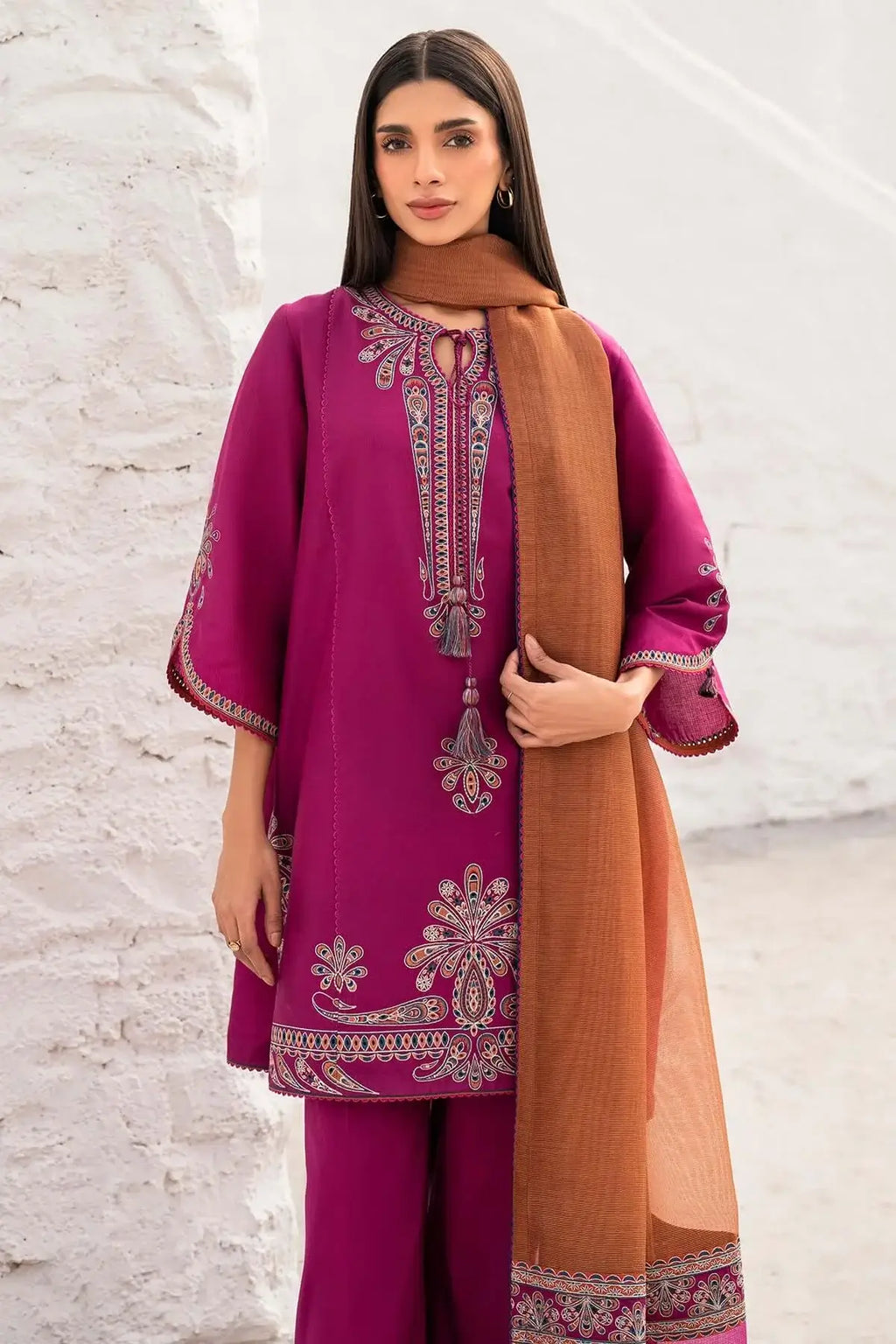 3 Piece Unstitched Heavy Embroidered Lawn Suit with Four-sided Printed Embroidered Chiffon Dupatta
