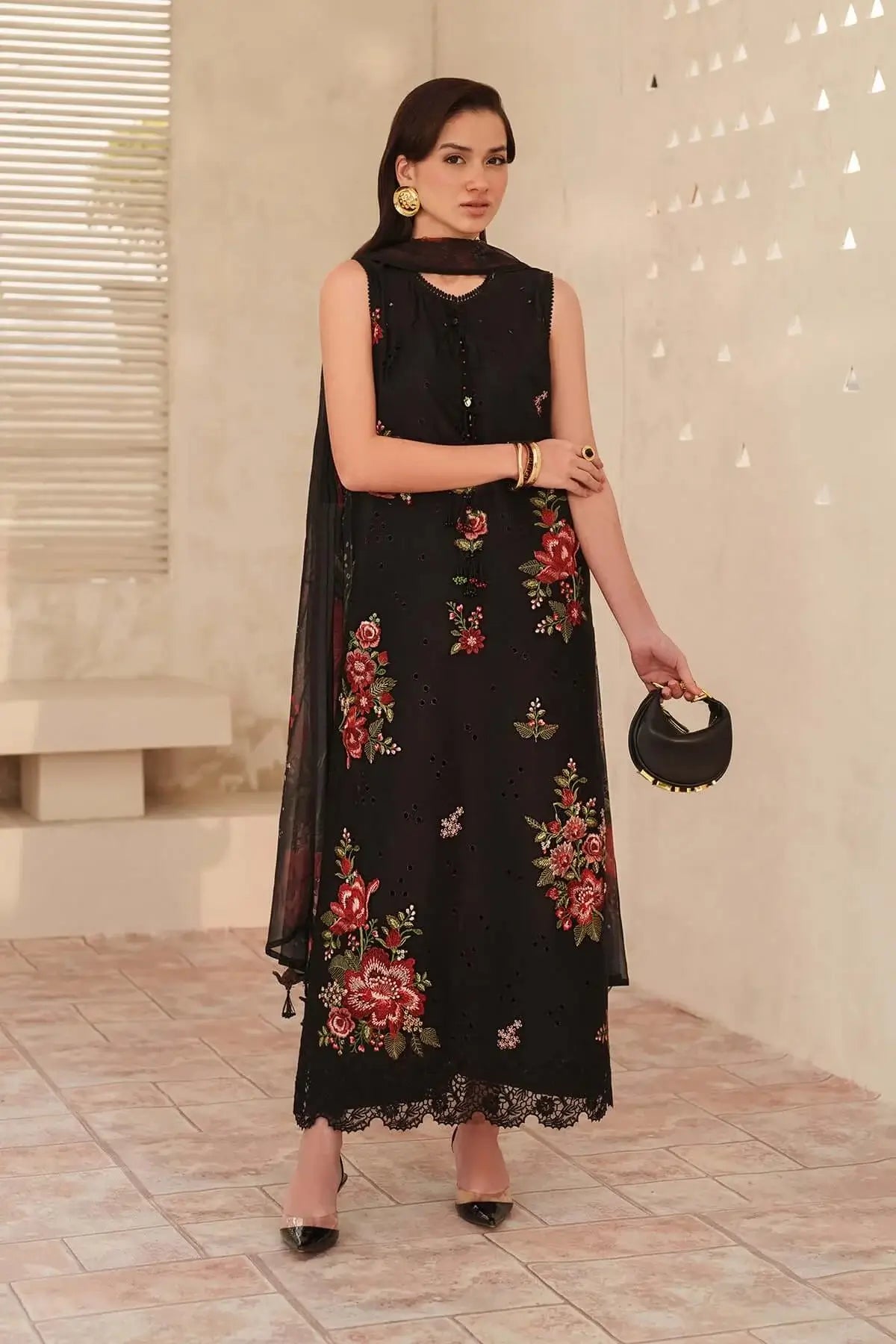 3 Piece Unstitched Embroidered Lawn Suit with Printed Lawn Dupatta