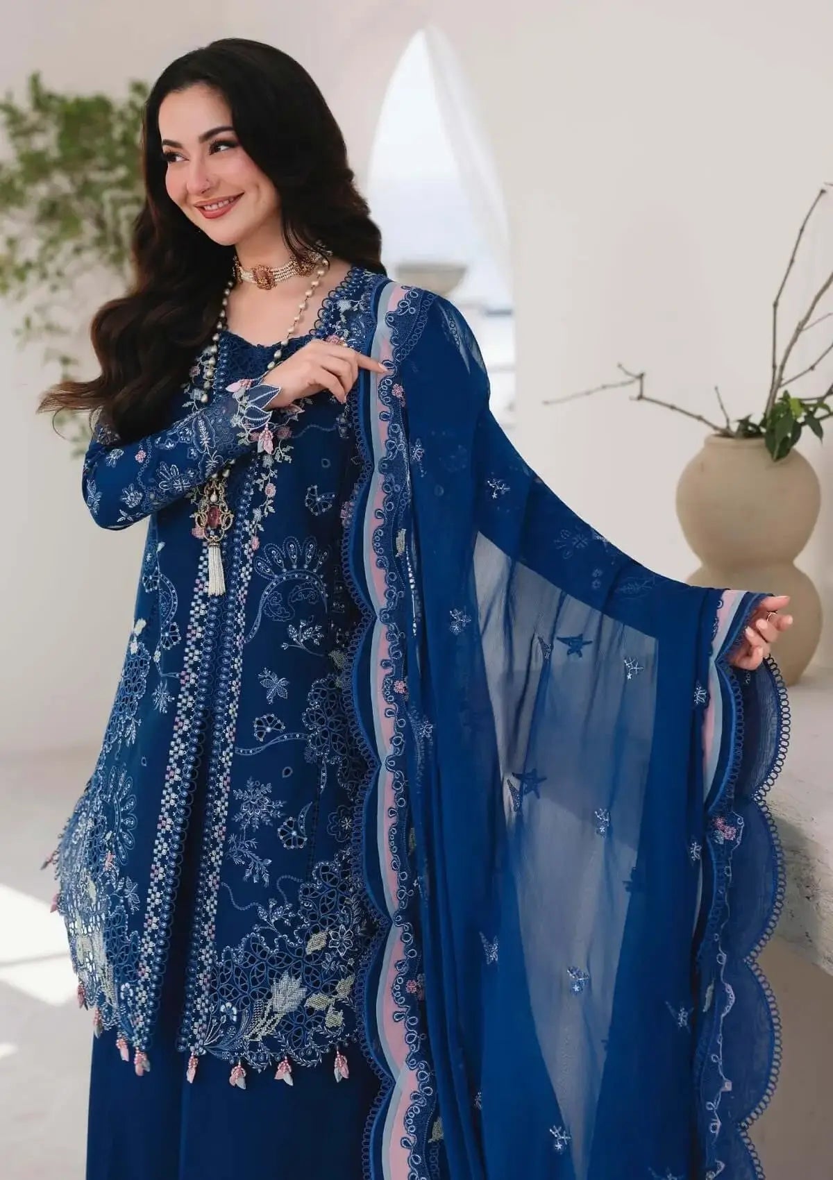 3 Piece Unstitched Heavy Embroidered Lawn Suit with Four-sided Embroidered Chiffon Dupatta