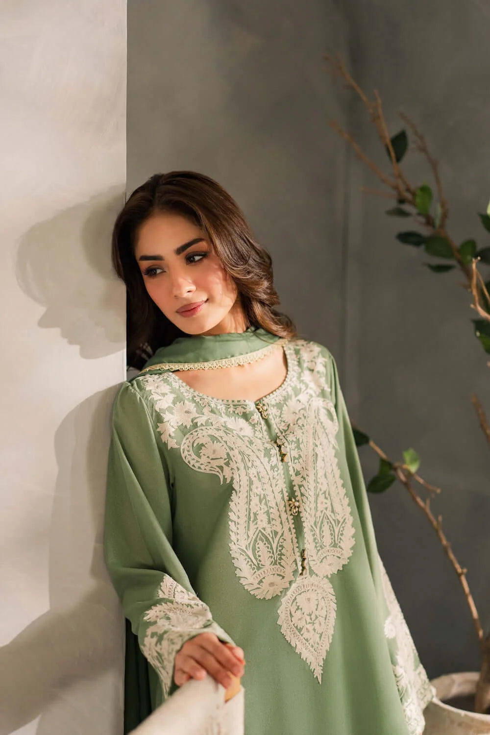 3 Piece Unstitched Heavy Embroidered Lawn Suit with Plain Bamber Chiffon Dupatta