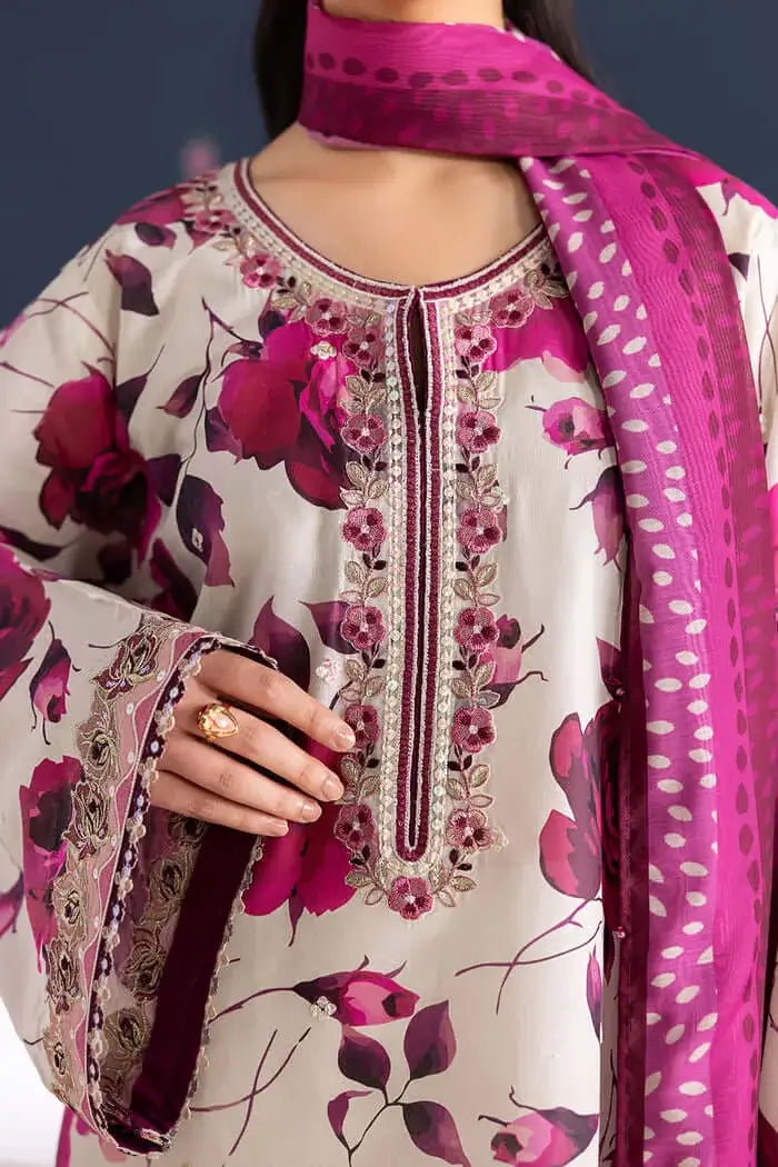 3 Piece Unstitched Printed Embroidered Lawn Suit with Printed Lawn Dupatta