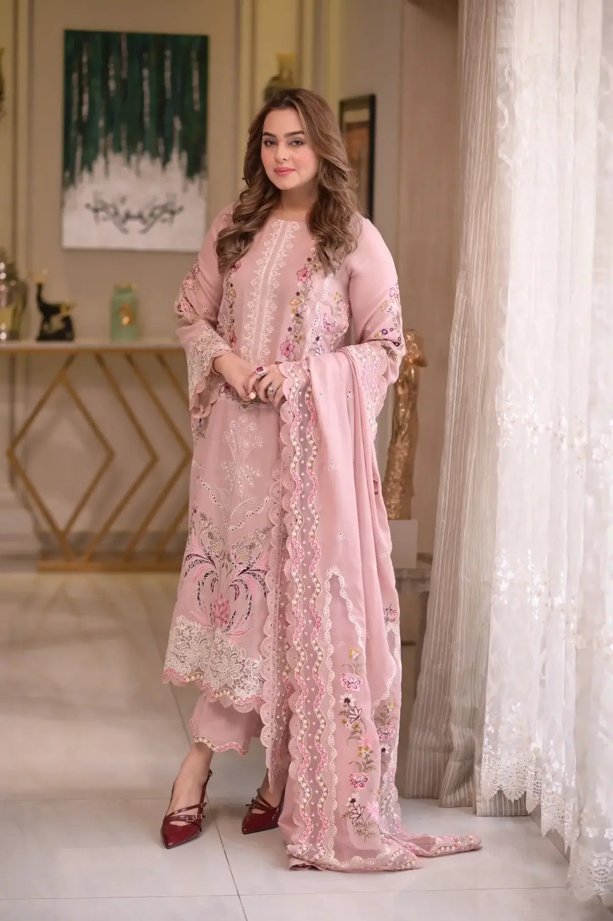 3 Piece Unstitched Heavy Embroidered Chickan Kari Lawn Suit with Four-sided Embroidered Lawn Dupatta