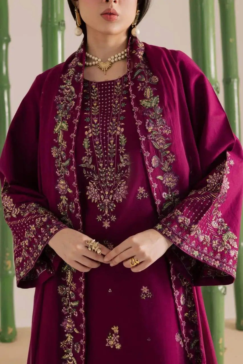 3 Piece Unstitched Heavy Embroidered Lawn Suit with Four-sided Embroidered Chiffon Dupatta