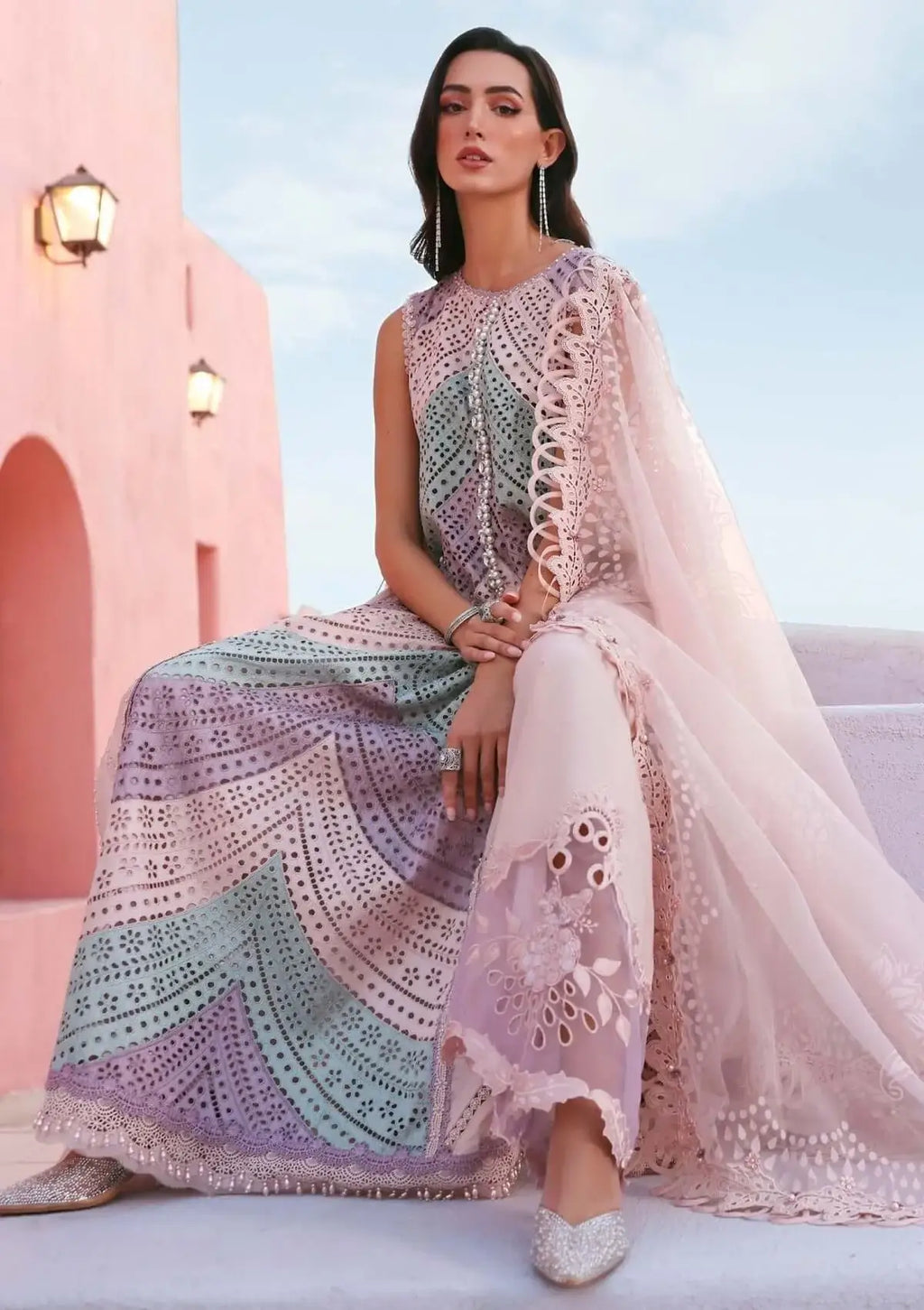 3 Piece Unstitched Heavy Embroidered Chickan Kari Lawn Suit with Four-sided Printed Embroidered Organza Dupatta