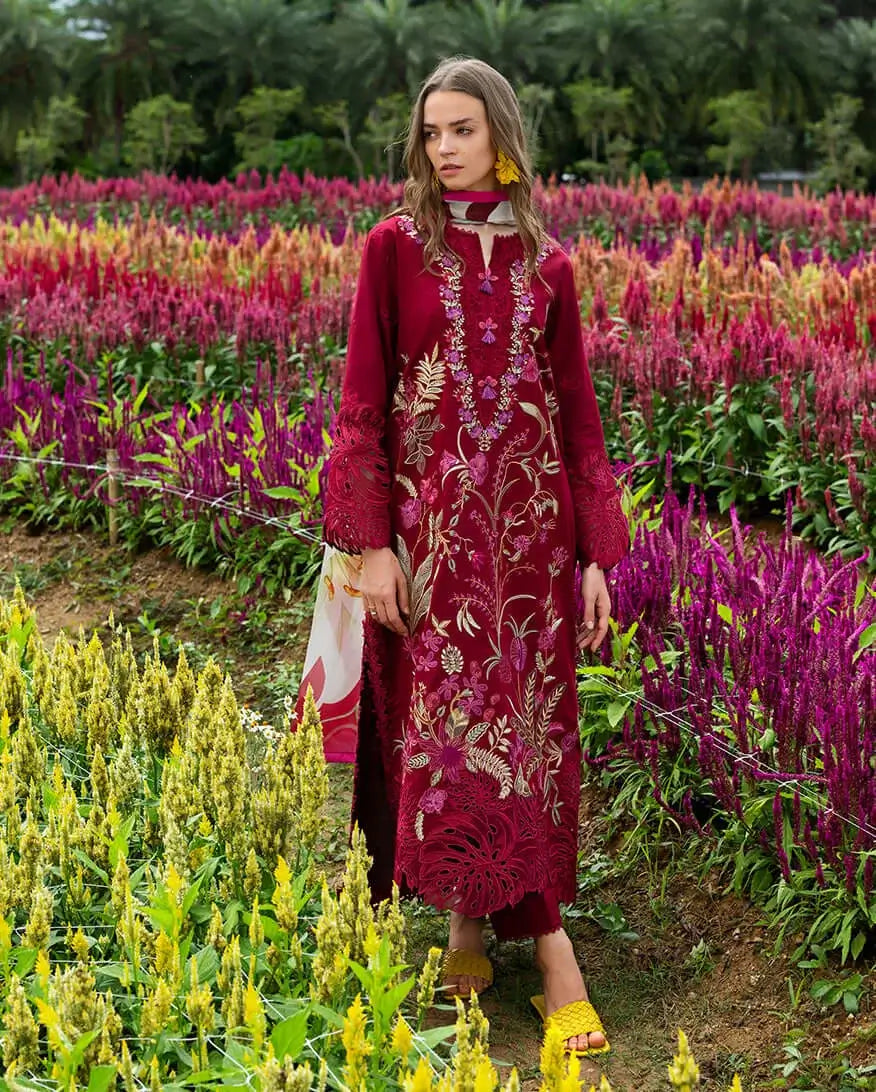 3 Piece Unstitched Heavy Embroidered Chickan Kari Lawn Suit with Fine Printed Silk Dupatta