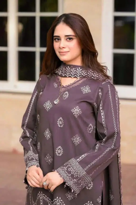 3 Piece Unstitched Heavy Embroidered Lawn Suit with Heavy Embroidered Chiffon Dupatta