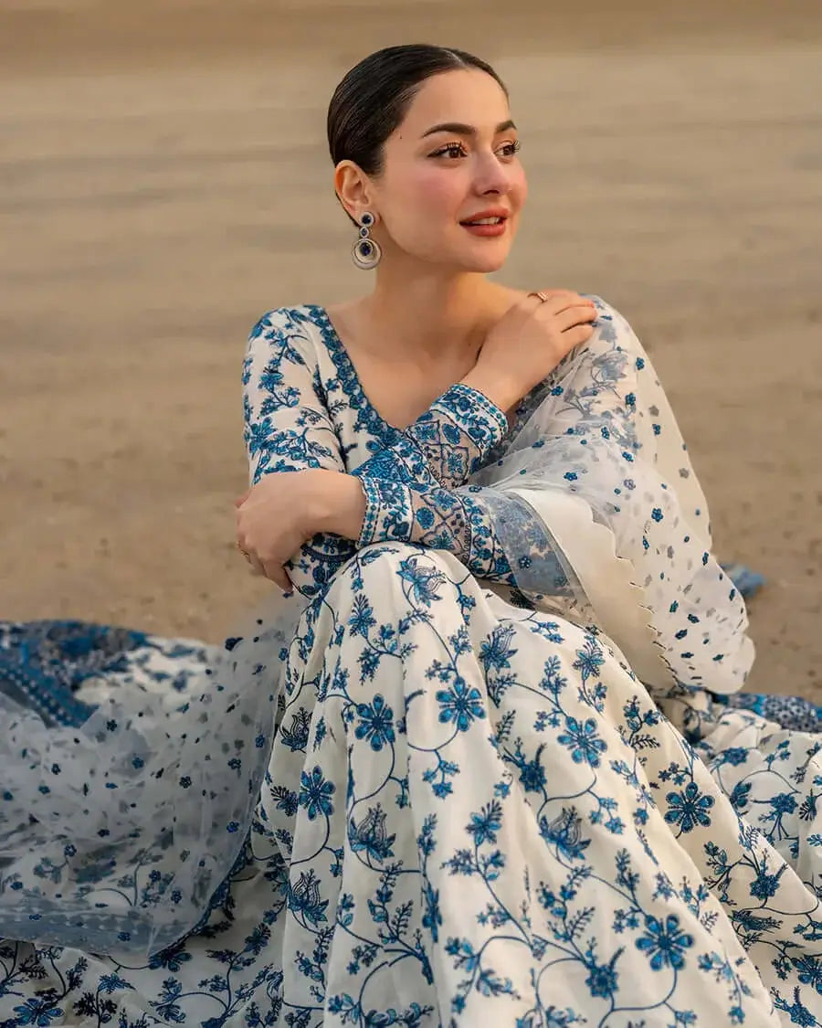 3 Piece Unstitched Heavy Embroidered Lawn Maxi with Four-sided Embroidered Organza Dupatta