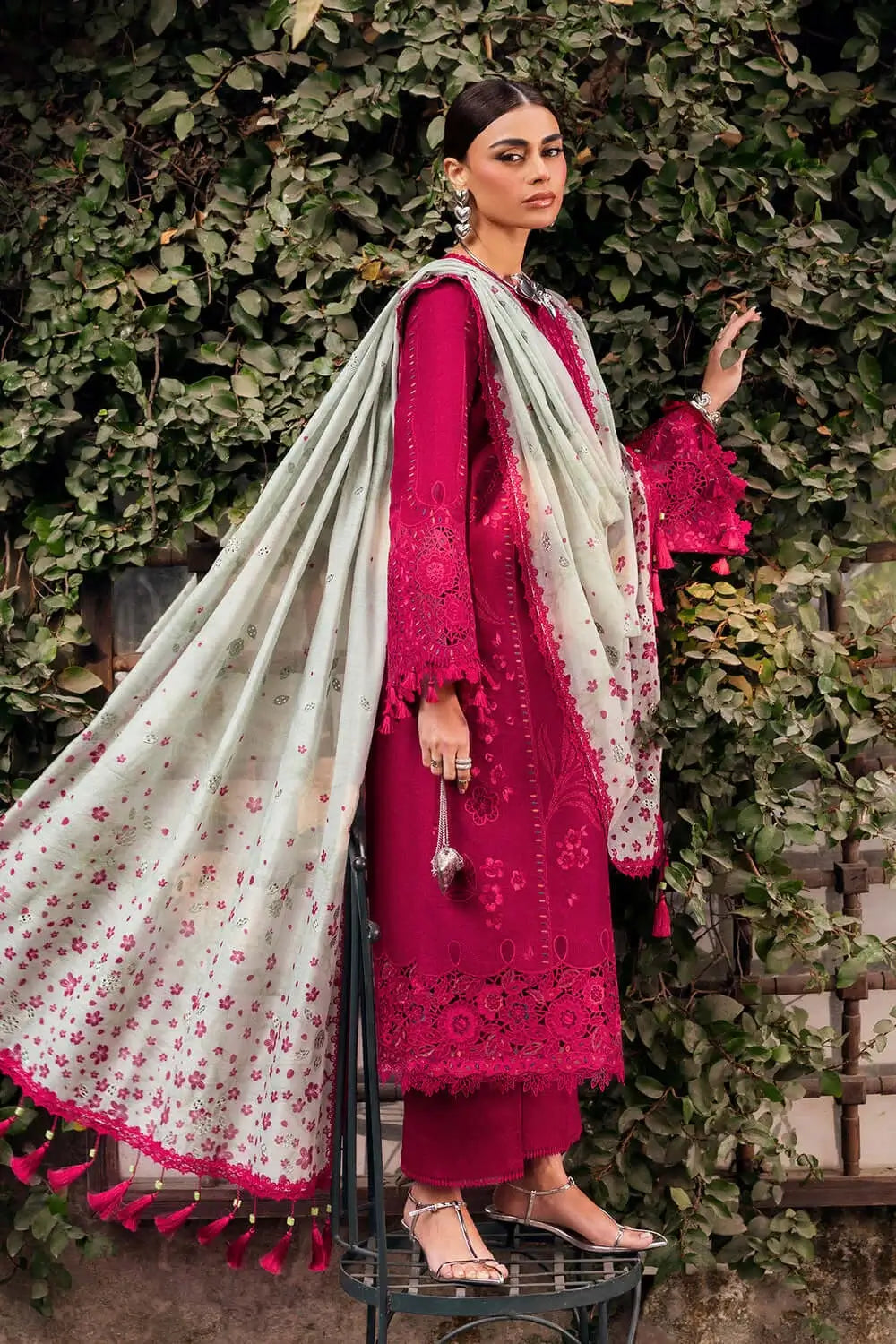 3 Piece Unstitched Heavy Embroidered Chickan Kari Lawn Suit with Fine Printed Monaar Dupatta