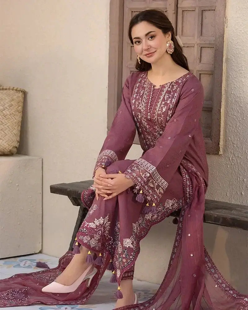 3 Piece Unstitched Heavy Embroidered Lawn Suit with Four-sided Embroidered Chiffon Dupatta