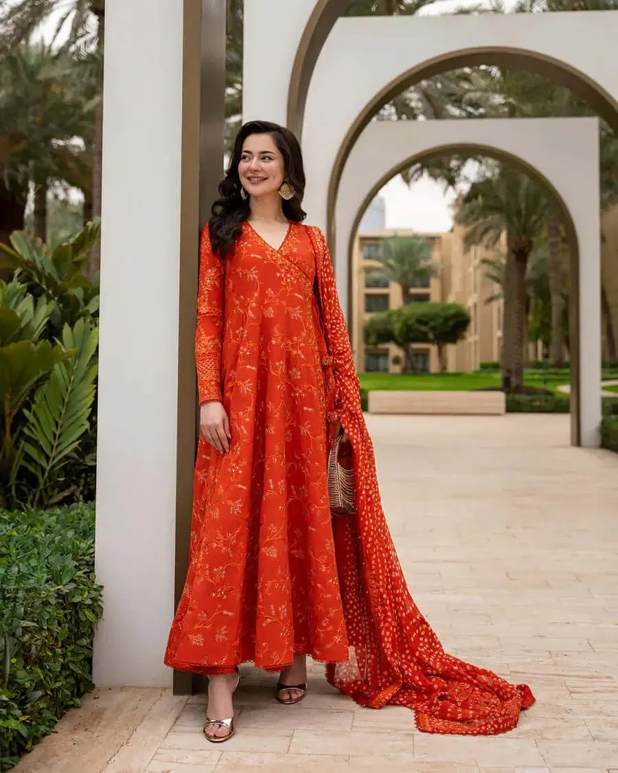 3 Piece Unstitched Heavy Embroidered Lawn Frock with Printed Chiffon Dupatta with Four-sided Embroidered Lace