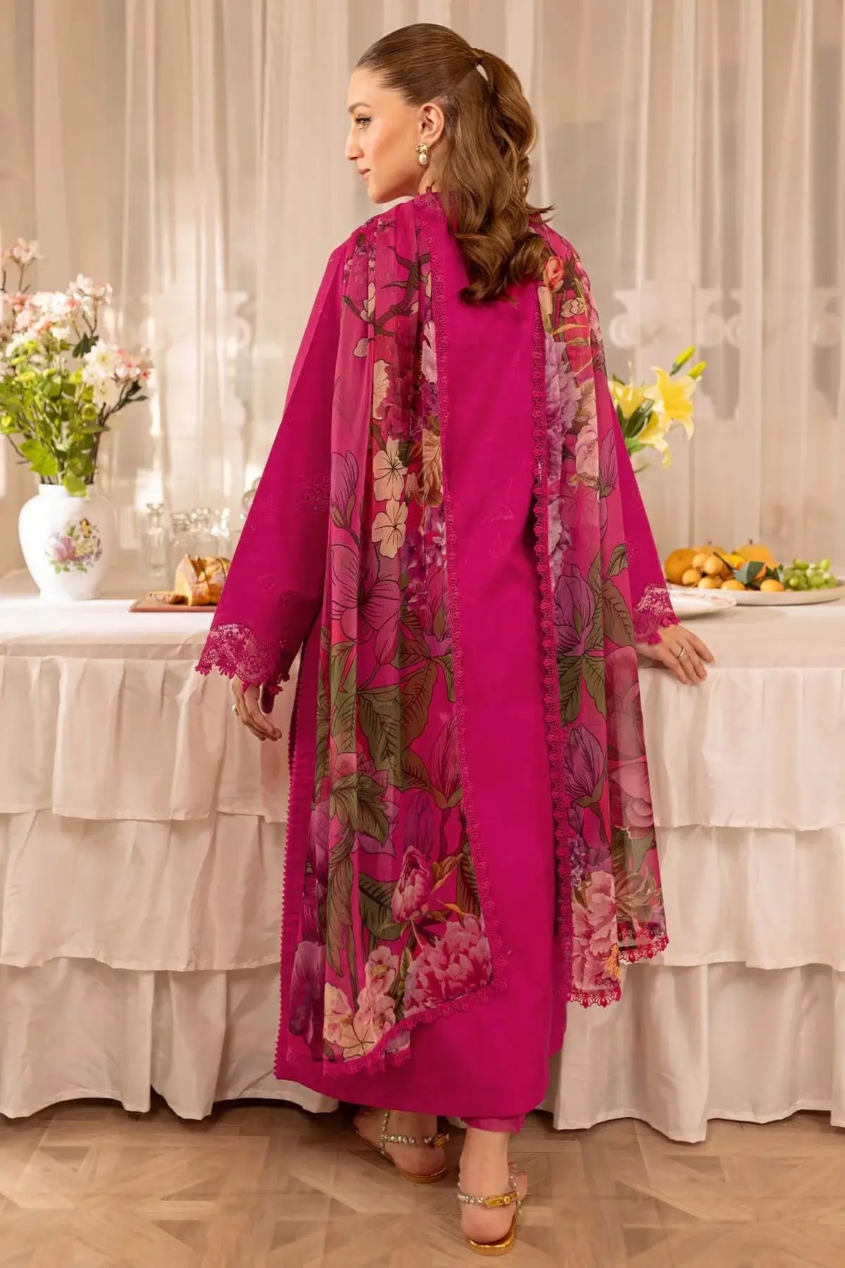 3 Piece Unstitched Heavy Embroidered Chickan Kari Lawn Suit with Fine Printed Silk Dupatta