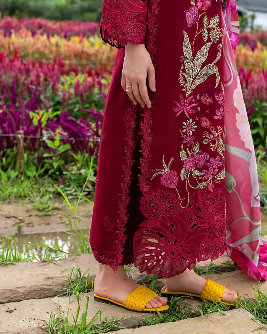 3 Piece Unstitched Heavy Embroidered Chickan Kari Lawn Suit with Fine Printed Silk Dupatta