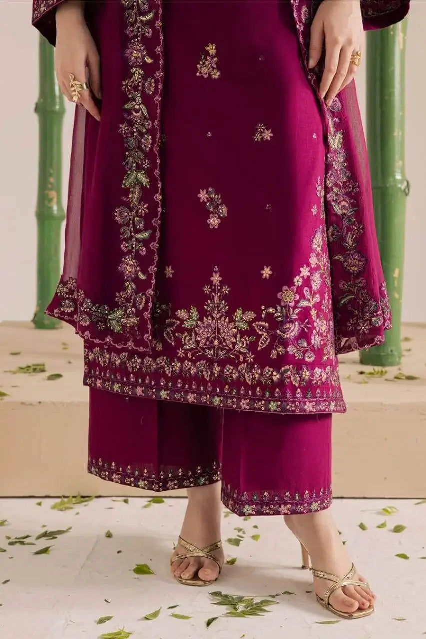 3 Piece Unstitched Heavy Embroidered Lawn Suit with Four-sided Embroidered Chiffon Dupatta
