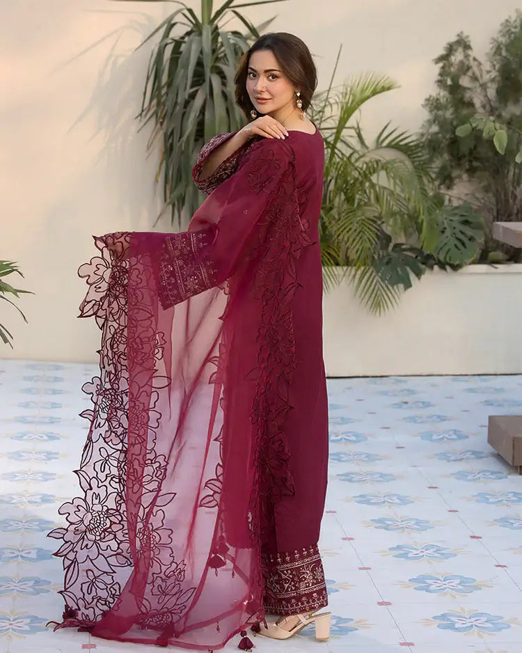3 Piece Unstitched Heavy Embroidered Lawn Suit with Four-sided Embroidered Organza Dupatta