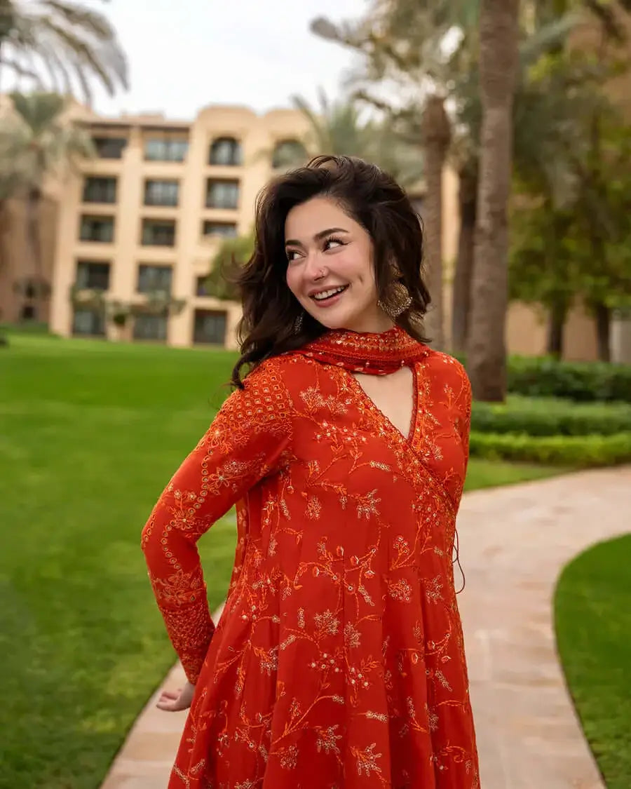 3 Piece Unstitched Heavy Embroidered Lawn Frock with Printed Chiffon Dupatta with Four-sided Embroidered Lace