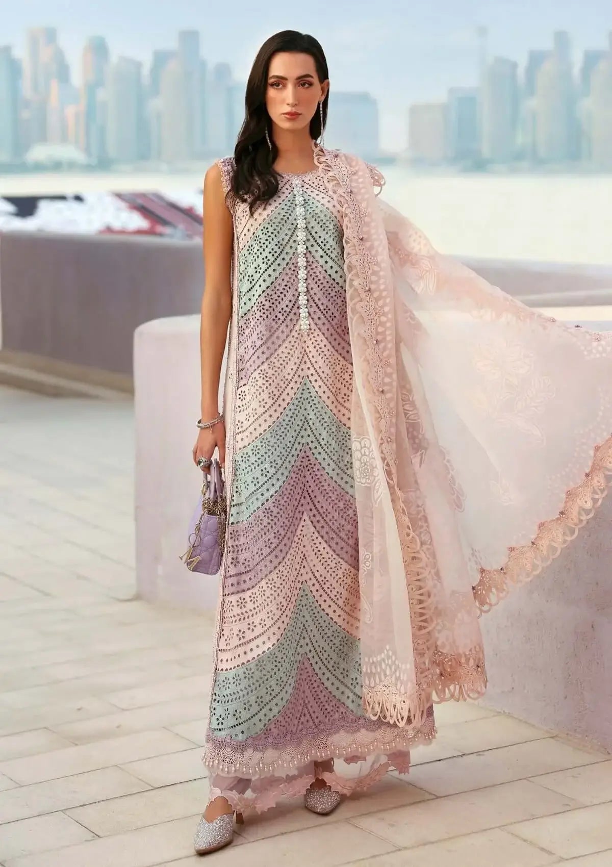 3 Piece Unstitched Heavy Embroidered Chickan Kari Lawn Suit with Four-sided Printed Embroidered Organza Dupatta