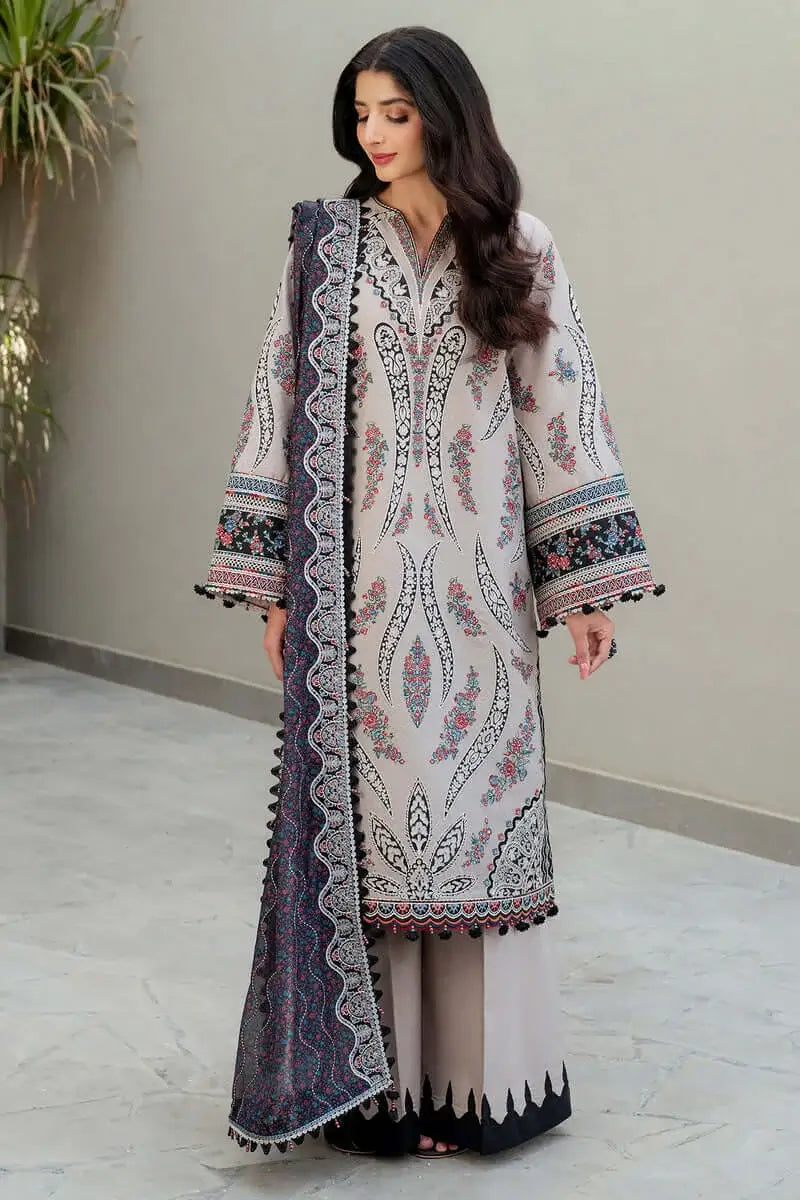 3 Piece Unstitched Heavy Embroidered Lawn Suit with Fine Printed Lawn Dupatta