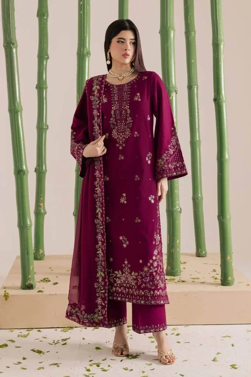 3 Piece Unstitched Heavy Embroidered Lawn Suit with Four-sided Embroidered Chiffon Dupatta