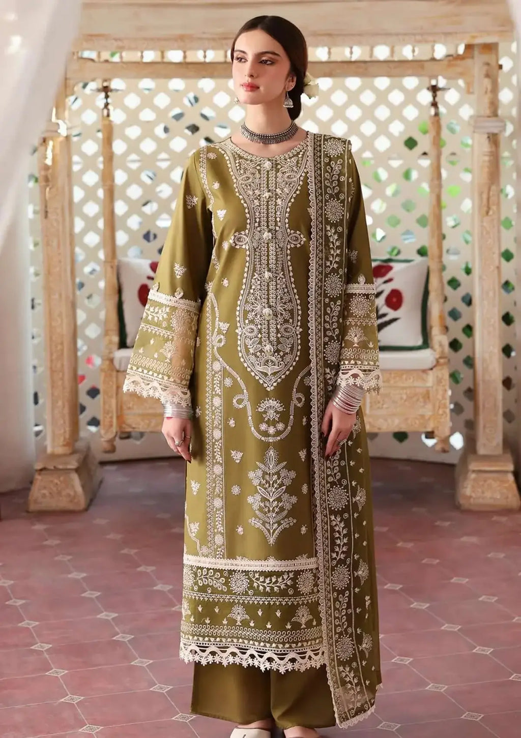 3 Piece Unstitched Heavy Embroidered Lawn Suit with Heavy Embroidered Chiffon Dupatta