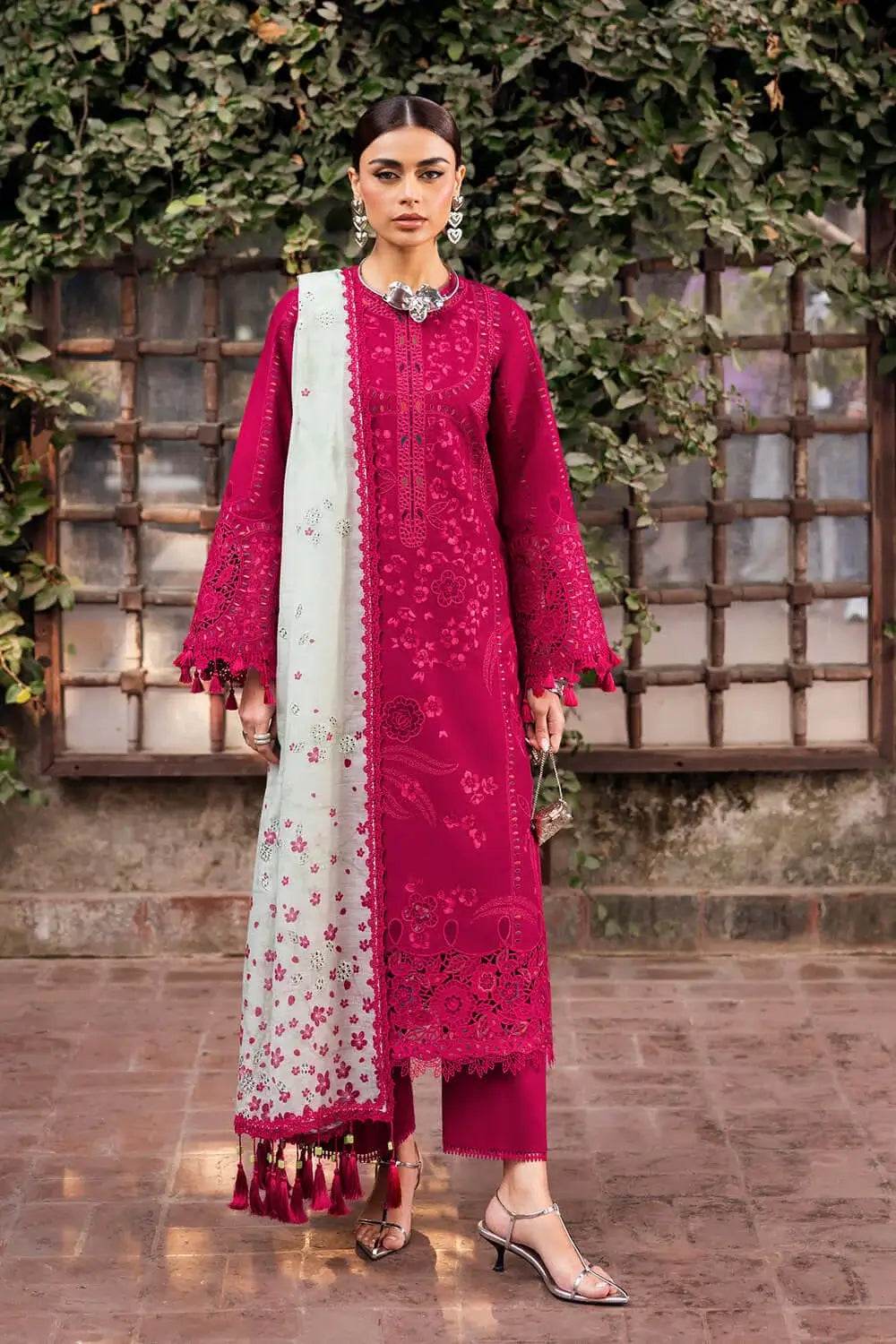 3 Piece Unstitched Heavy Embroidered Chickan Kari Lawn Suit with Fine Printed Monaar Dupatta
