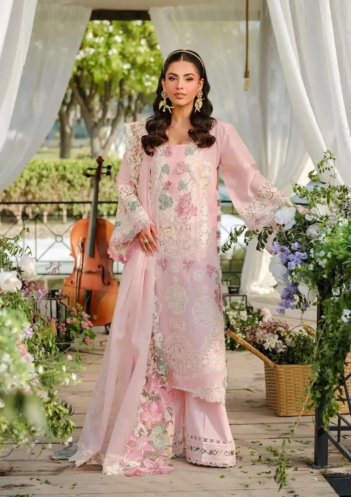 3 Piece Unstitched Heavy Embroidered Chickan Kari Lawn Suit with Four-sided Embroidered Cotton Net Dupatta