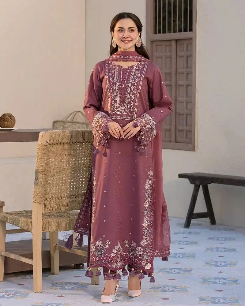 3 Piece Unstitched Heavy Embroidered Lawn Suit with Four-sided Embroidered Chiffon Dupatta