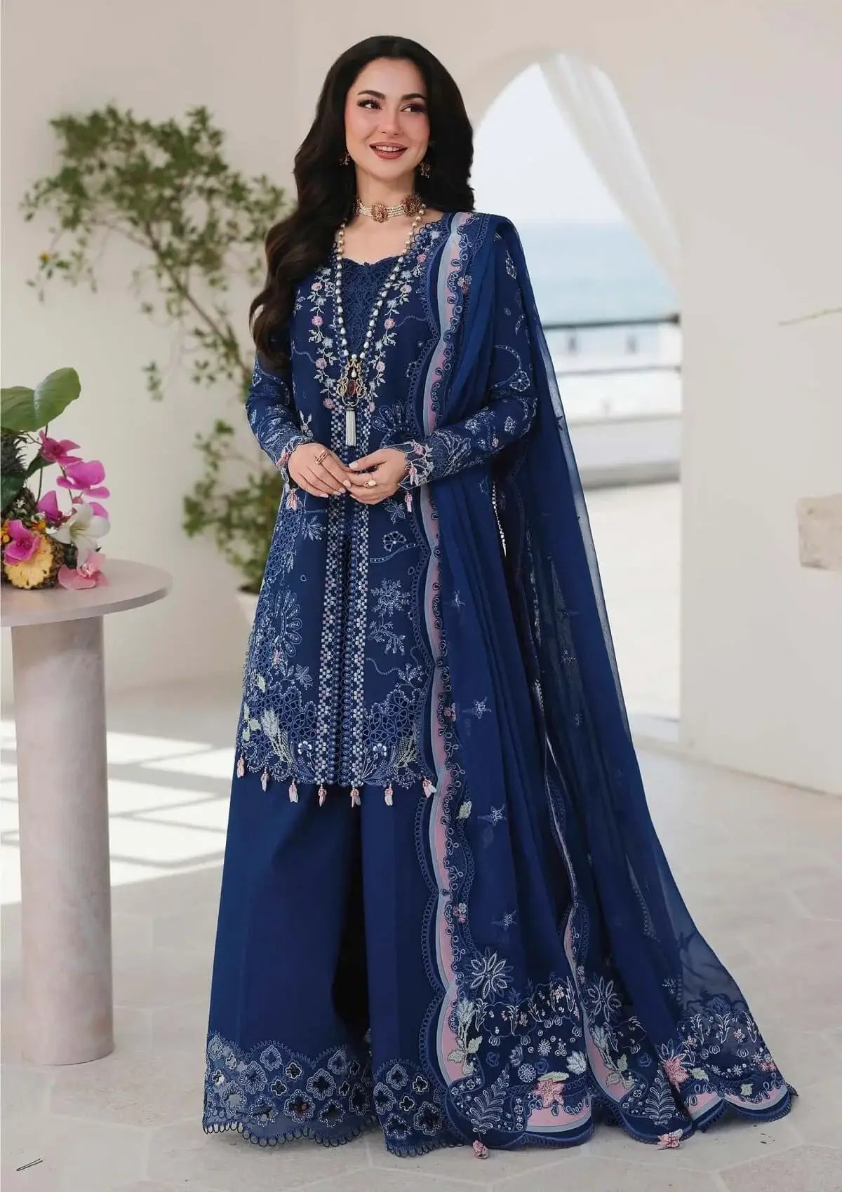 3 Piece Unstitched Heavy Embroidered Lawn Suit with Four-sided Embroidered Chiffon Dupatta