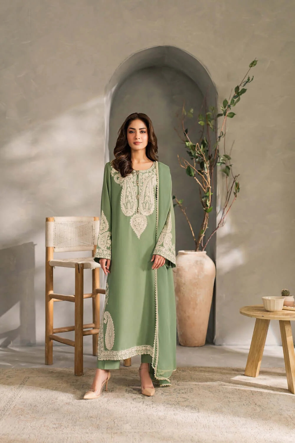 3 Piece Unstitched Heavy Embroidered Lawn Suit with Plain Bamber Chiffon Dupatta
