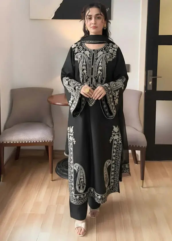 3 Piece Unstitched Heavy Embroidered Lawn Suit with Plain Bamber Chiffon Dupatta