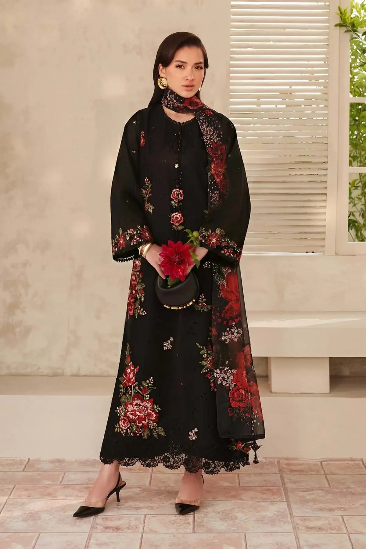3 Piece Unstitched Embroidered Lawn Suit with Printed Lawn Dupatta