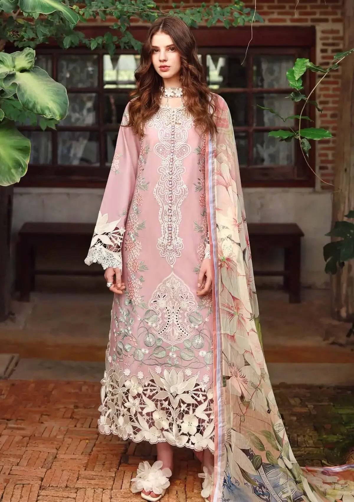 3 Piece Unstitched Heavy Embroidered Chickan Kari Lawn Suit with Fine Printed Silk Dupatta