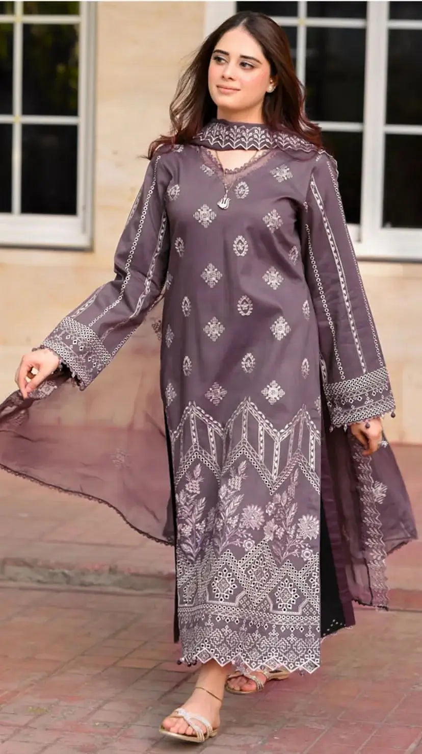 3 Piece Unstitched Heavy Embroidered Lawn Suit with Heavy Embroidered Chiffon Dupatta