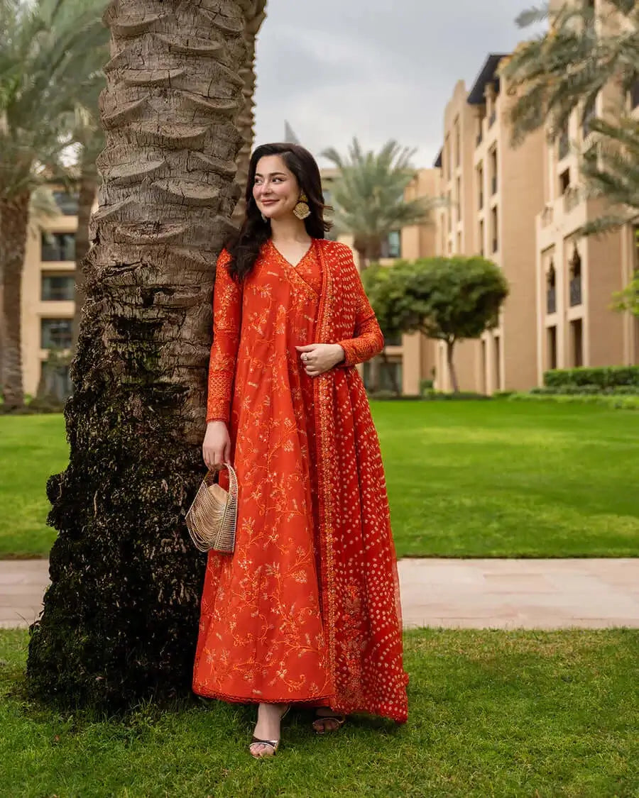 3 Piece Unstitched Heavy Embroidered Lawn Frock with Printed Chiffon Dupatta with Four-sided Embroidered Lace