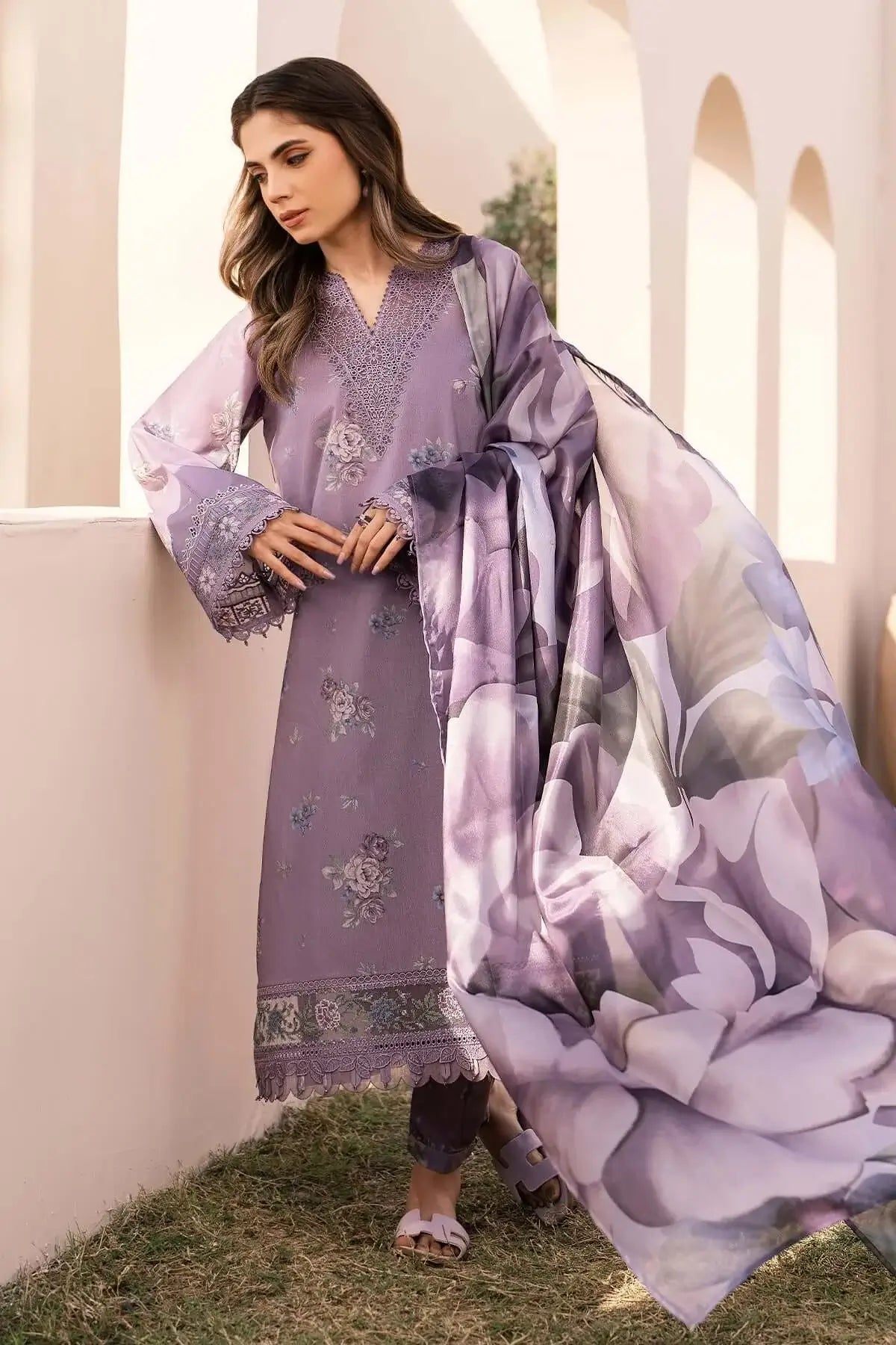 3 Piece Unstitched Embroidered Lawn Suit with Printed Lawn Dupatta
