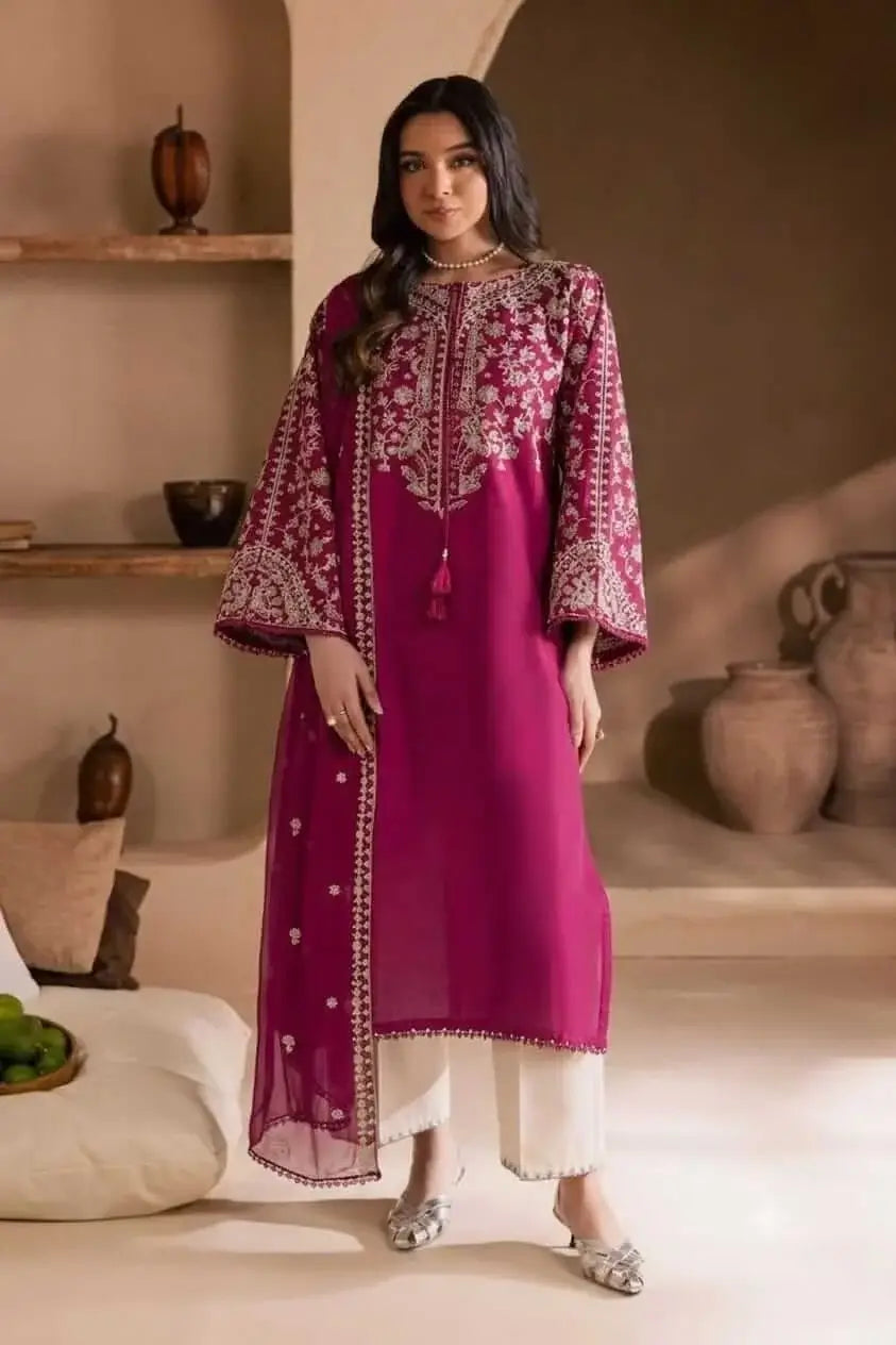 3 Piece Unstitched Heavy Embroidered Lawn Suit with Heavy Embroidered Chiffon Dupatta