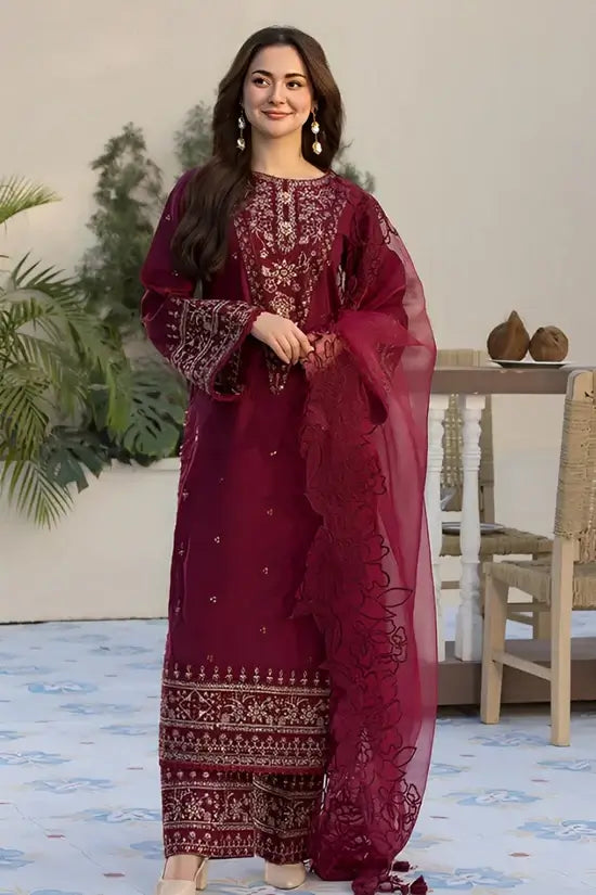 3 Piece Unstitched Heavy Embroidered Lawn Suit with Four-sided Embroidered Organza Dupatta
