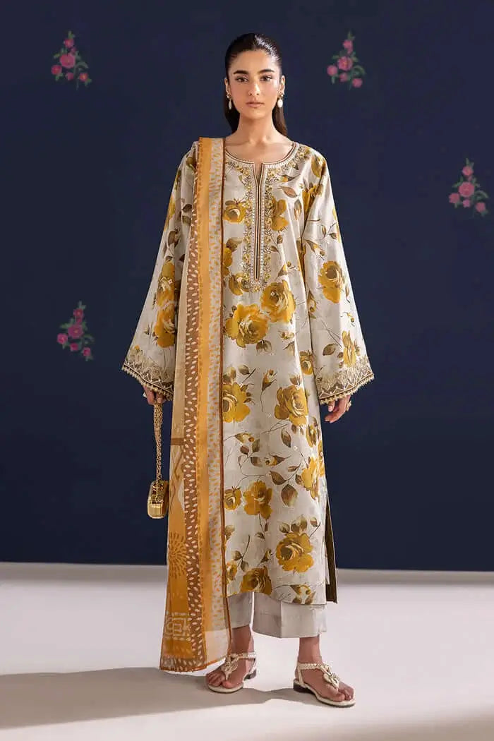 3 Piece Unstitched Printed Embroidered Lawn Suit with Printed Lawn Dupatta