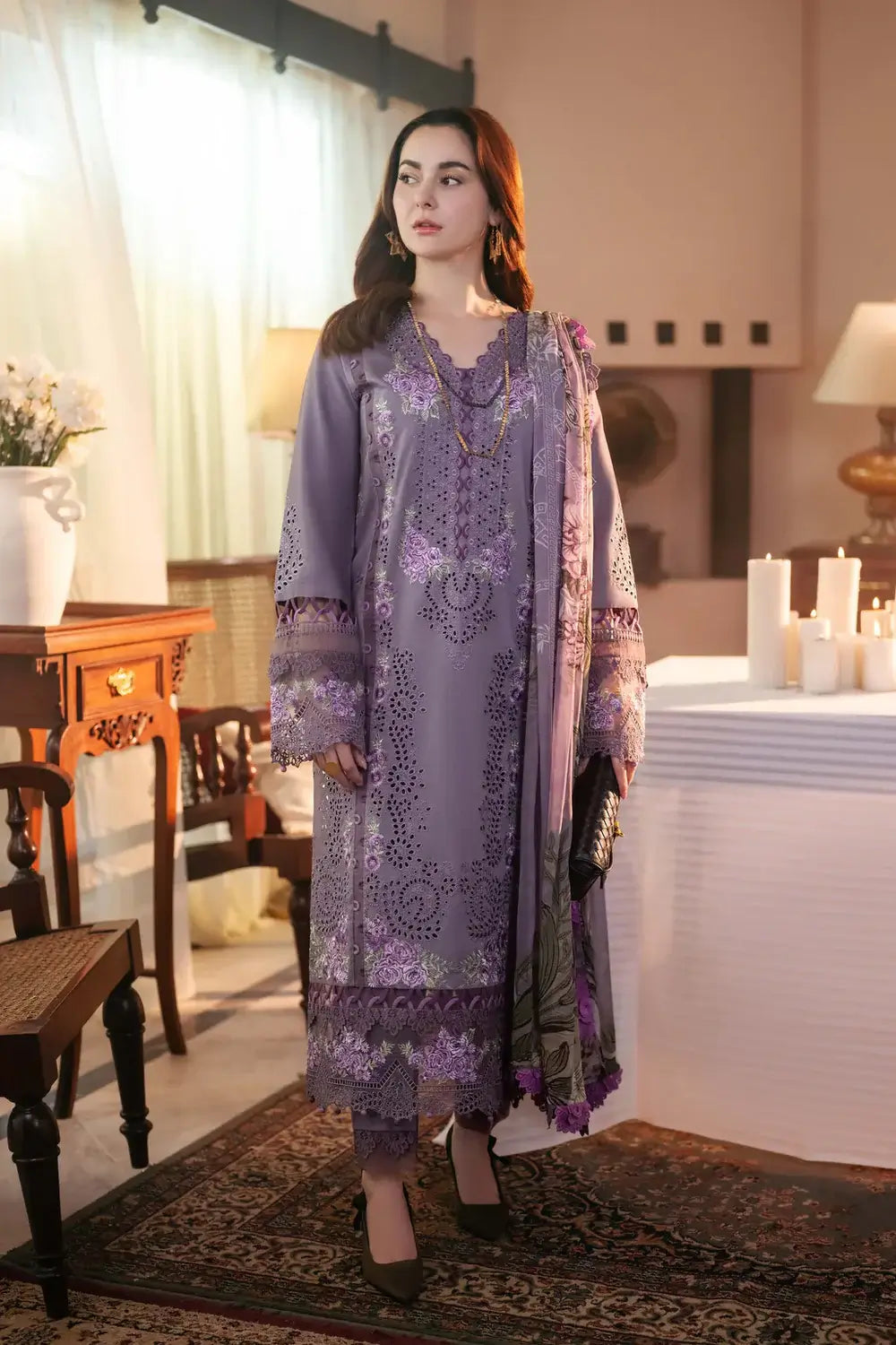 3 Piece Unstitched Heavy Embroidered Lawn Suit with Fine Printed Cambric Dupatta