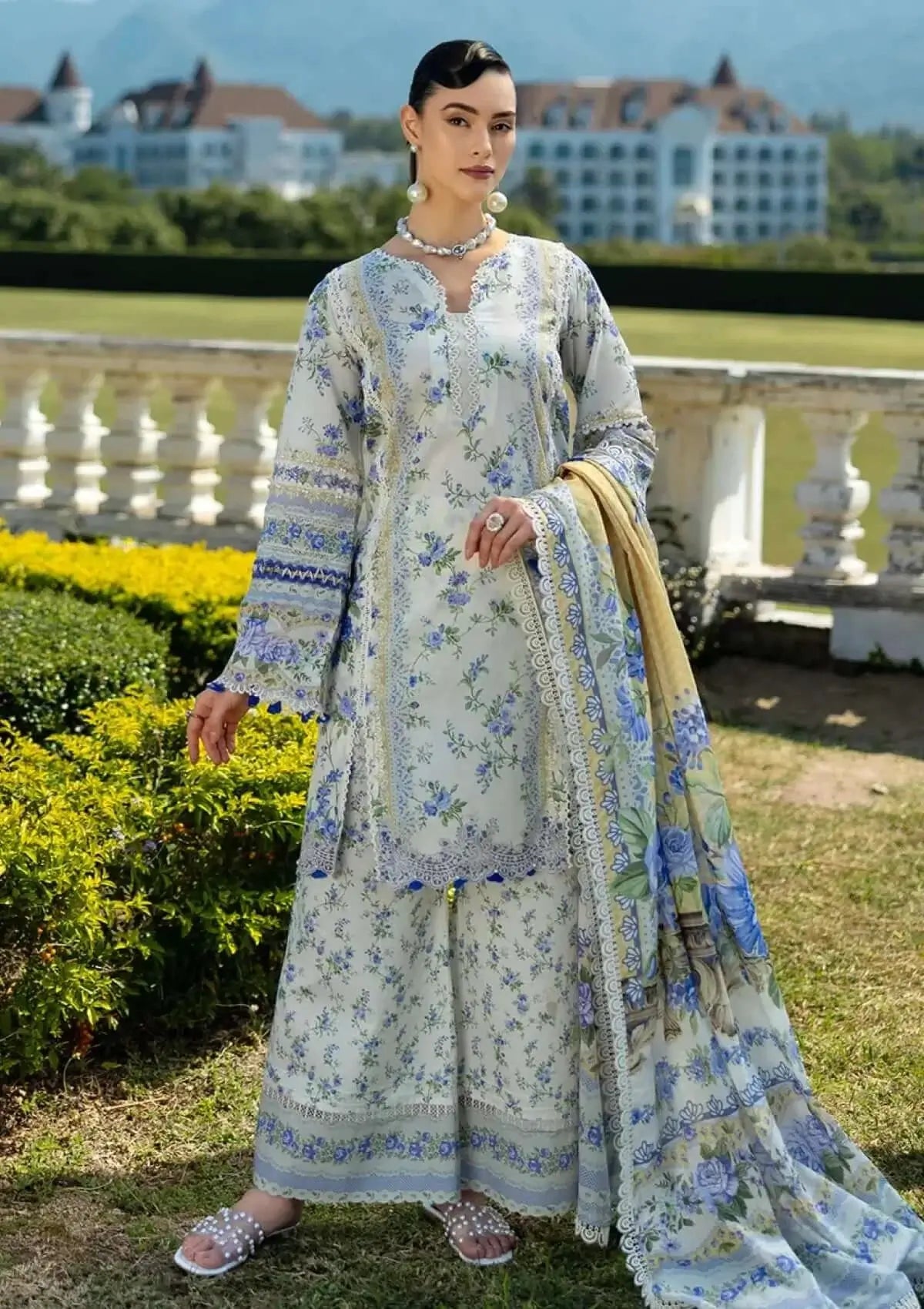 3 Piece Unstitched Digital Printed Lawn Suit with Fine Printed Silk Dupatta