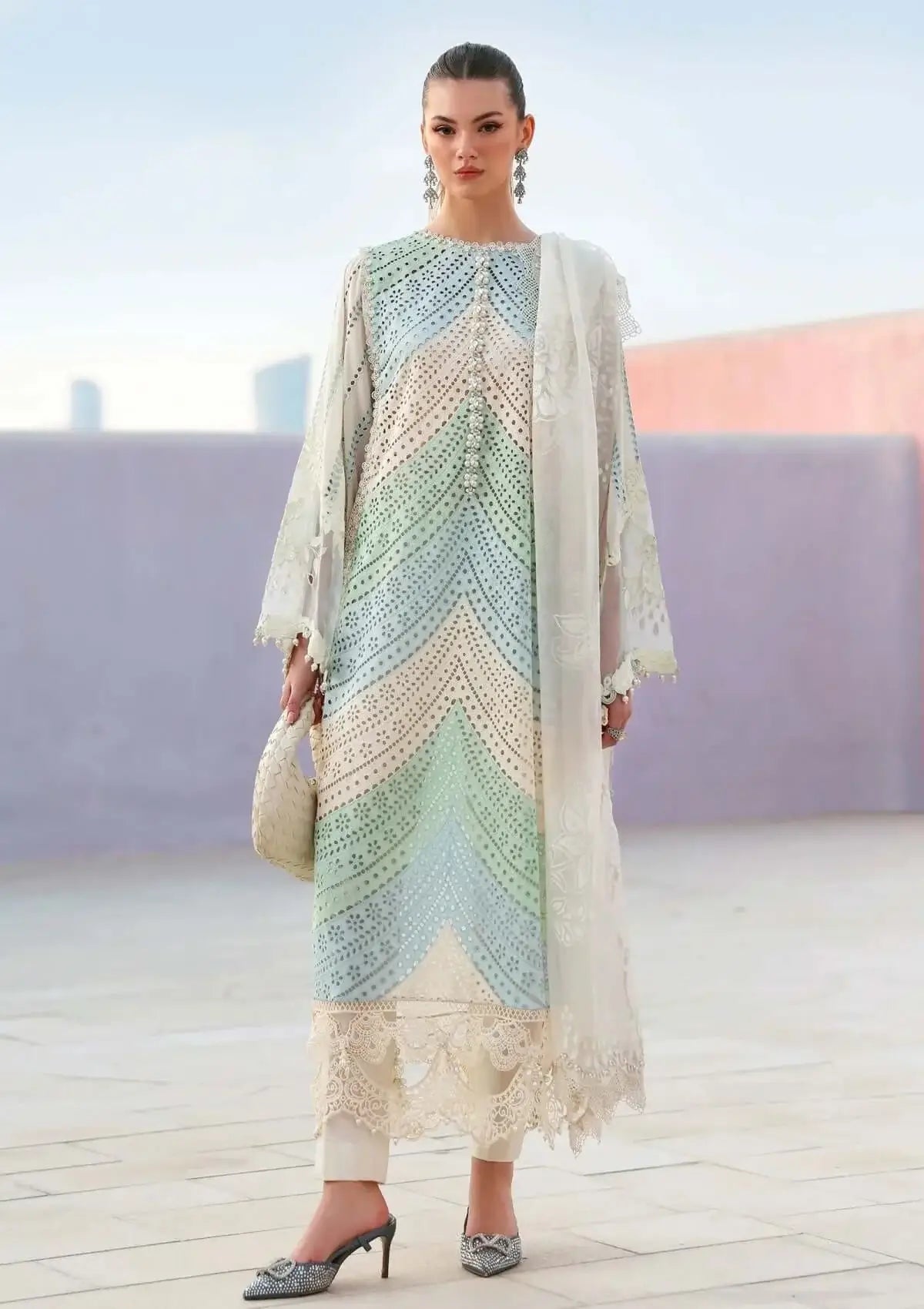 3 Piece Unstitched Heavy Embroidered Chickan Kari Lawn Suit with Four-sided Printed Embroidered Organza Dupatta